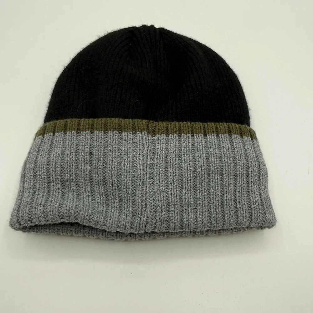 True Religion Beanie Mens One Size Black‎ Grey Colorblock Faux Shearling Lined